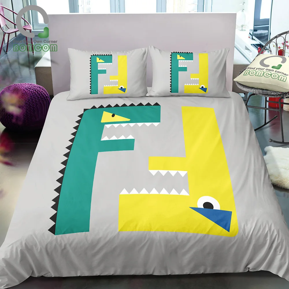 BOMCOM 3D Digital Printing Capital Letter FF Abstract Crocodile Dinosaur Little Monster 3-Piece Duvet Cover Sets 100% Microfiber