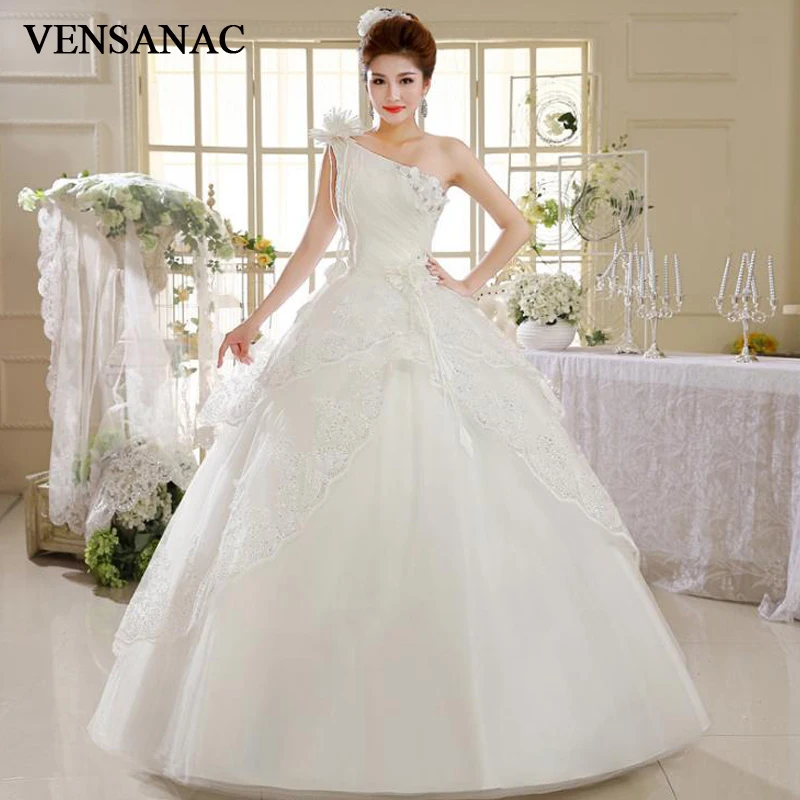 VENSANAC 2018 Crystal Flowers Appliques One Shoulder Ball Gown Tiered Lace Wedding Dresses Sequined Backless Bridal Gowns