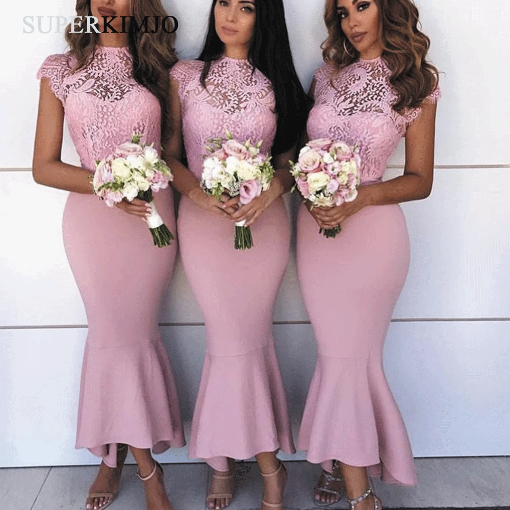 

SuperKimJo Vestidos De Dama De Honor Pink Lace Bridesmaid Dresses Short Cheap Mermaid Wedding Party Dress Bruidsmeisje Jurken