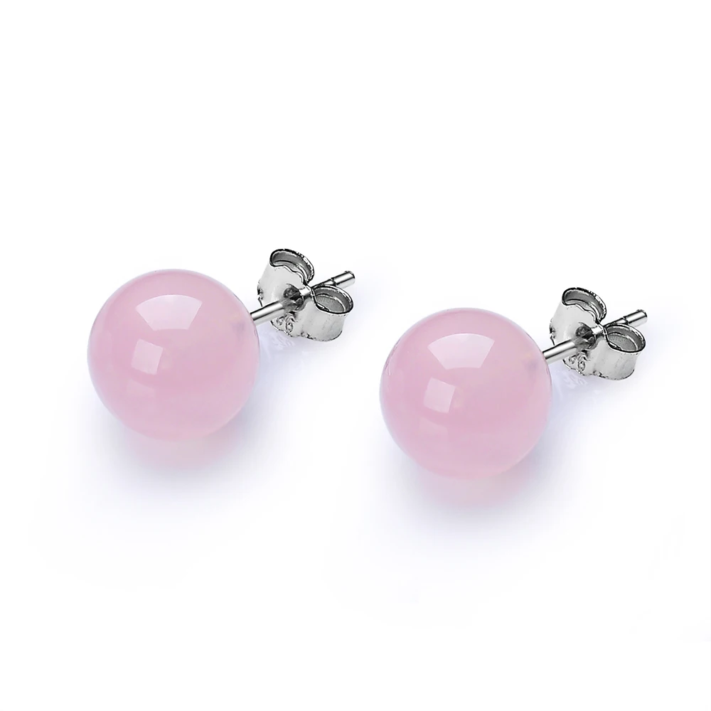 Fine Jewelry Stud Earring For Women Solid 925 Silver 100% Natural 8mm Rose Quartz Pink Gemstone Cute Lovely Brincos Party Gift