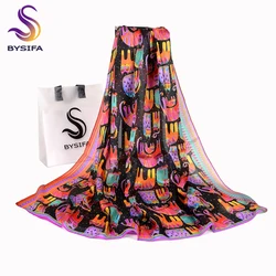 BYSIFA Black Cats Women Silk Scarf Shawl 2018 New Accessories 100% Silk Long Scarves Wraps Spring Autumn Scarf Cape 180*110cm