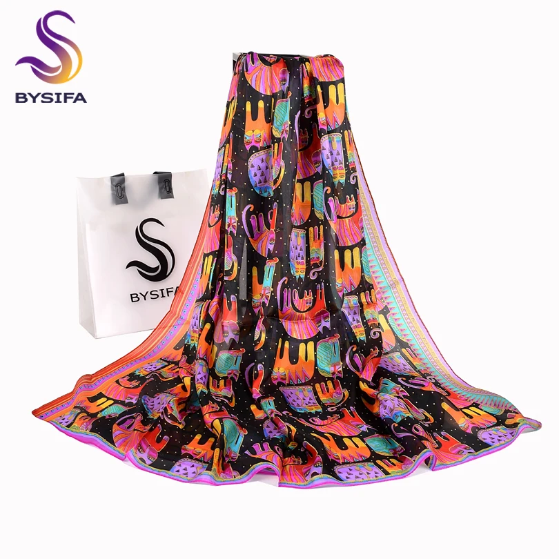 BYSIFA Black Cats Women Silk Scarf Shawl 2018 New Accessories 100% Silk Long Scarves Wraps Spring Autumn Scarf Cape 180*110cm