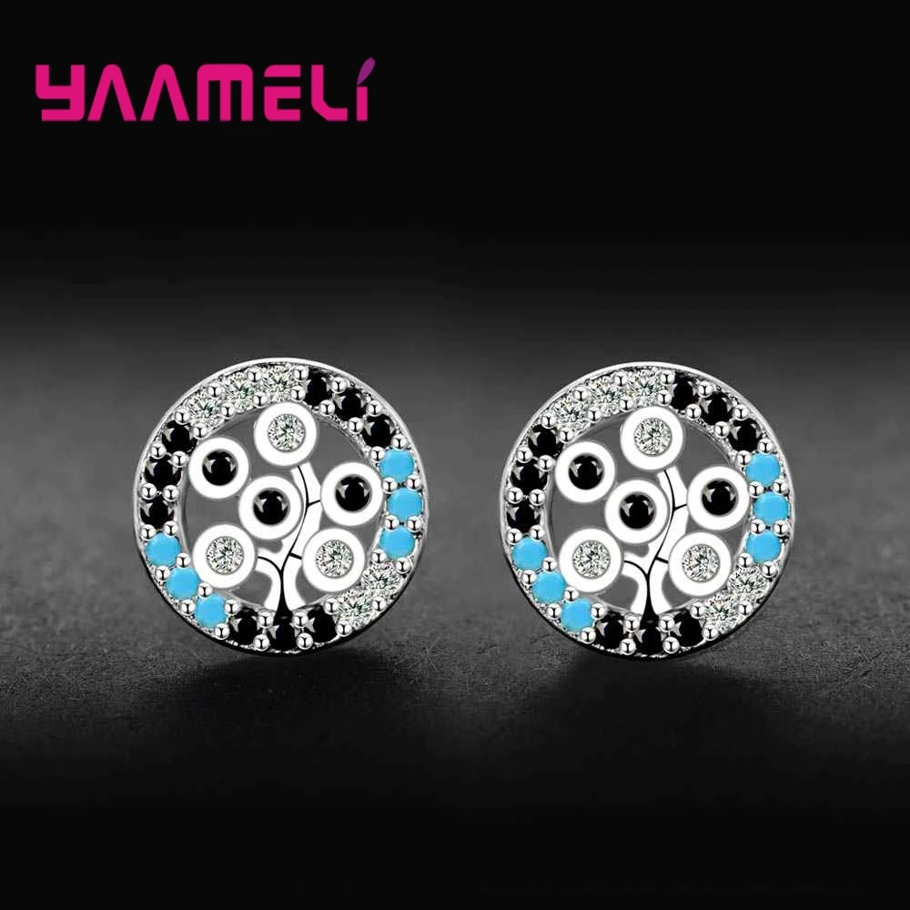 New Korea Style Round Stud Earrings For Women 925 Sterling Silver Color Shiny Crystals Full Paved Round Stud Earrings