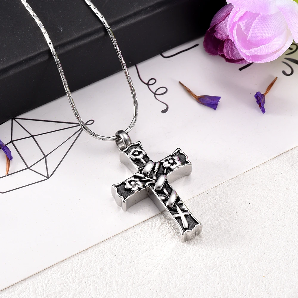 Binding Flower &Cross  Keepsake Urn Necklace  Stainless Steel Crmeation Urns Locket Memorial Urn Neckalce Cremation Pendant