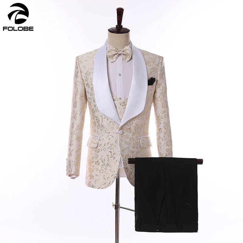 FOLOBE 2020 New Mens Suit Jacket Gilet Trousers Black Champagne Pink Jacquard Party Dress Suits Wedding Tuxedos Suit 3pcs XS-5XL