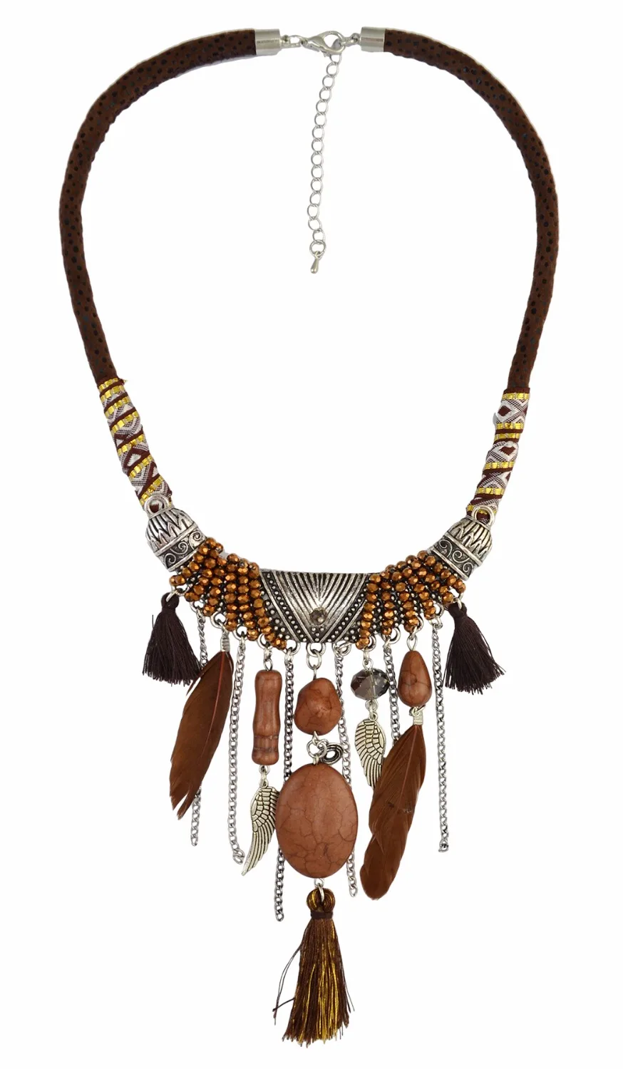 Idealway Handgemaakte Etnische Blauw Bruin Veer Hanger Lederen Ketting Kettingen voor Vrouwen Bohemian Party Anniversary Tribal Sieraden