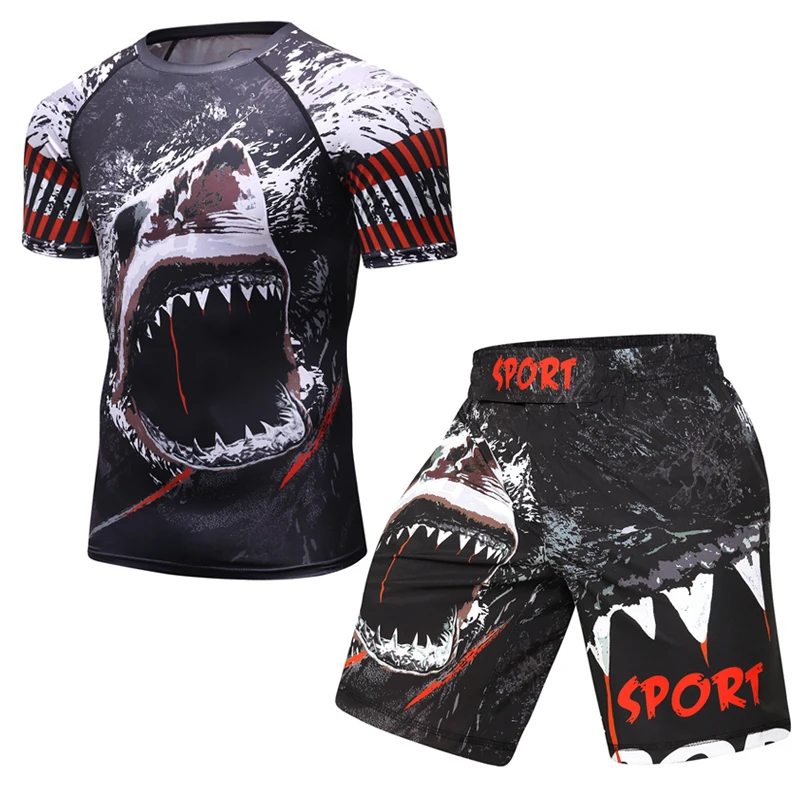 Fato de compressão masculino para fitness, camiseta e calça de manga comprida, terno esportivo MMA Rashguard, camiseta de musculação