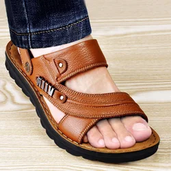 Men's Beach Shoes Sandals Cow Quality Genuine Leather Non-slip Men's Slippers  Breathable Two Uses Men's sandals  Men's Shoes