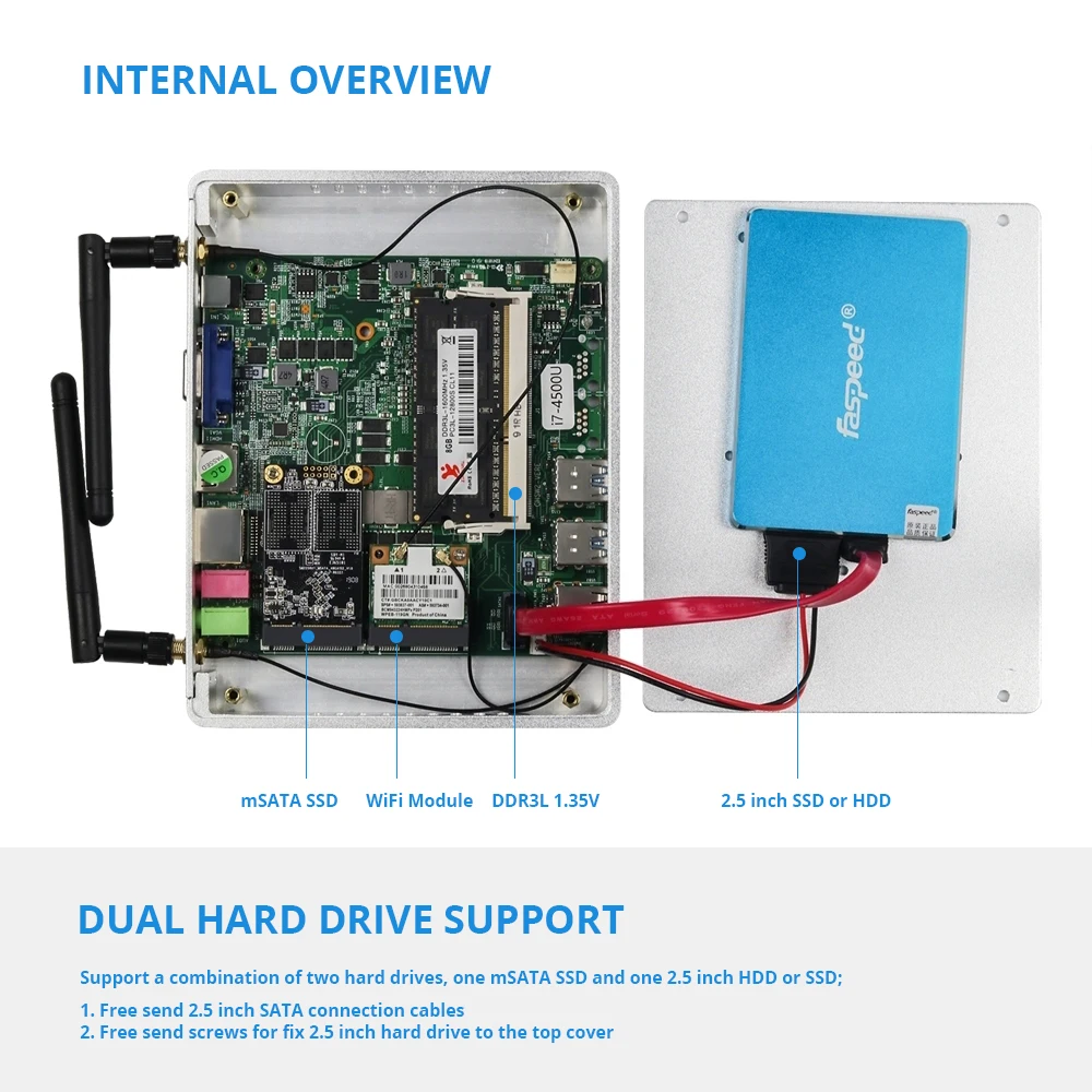 XCY Fanless Mini PC Intel Core i7 4500U i5 4200U i3 5005U Windows 10 HDMI VGA Display 300Mbps Wi-Fi Gigabit Ethernet Linux HTPC