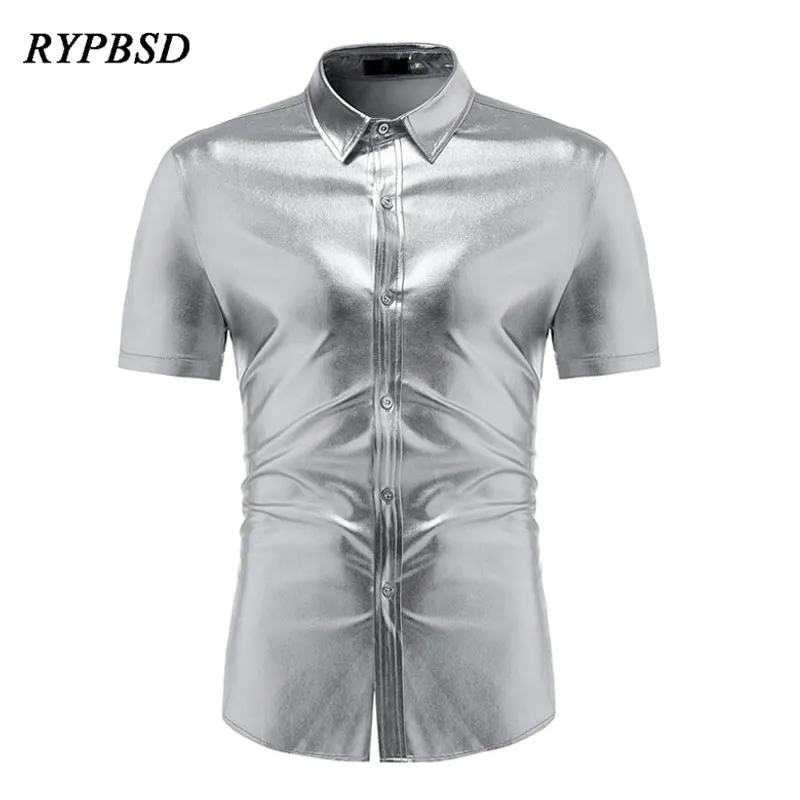 

Designer Glitter Dress Shirt Men Shiny Gold Silver Short Sleeve Polo Men Slim Fit Casual Shirts Nightclub Party Singers Clothing