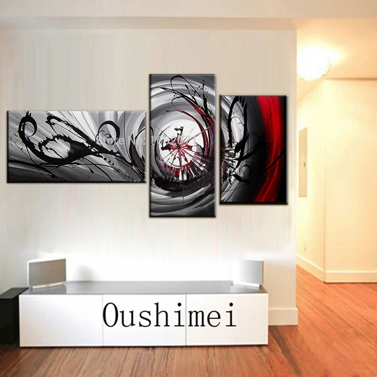 Top Artist Handmade High Quality Abstract Silver and Black Oil Painting on Canvas 3 Panels Wall Art Pictures for Living Room