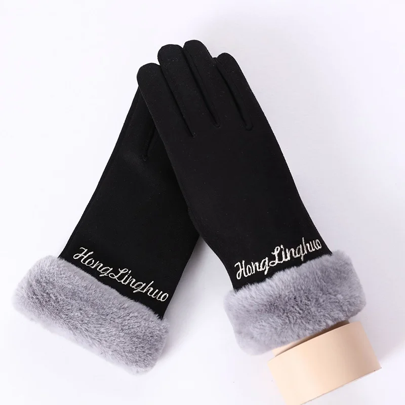 Winter Warm Sweet Ladies Embroidered Letter Gloves Plush Faux Fur Thickened Gloves Gloves Driving Cuir Fingers Handschuhe 1Pairs