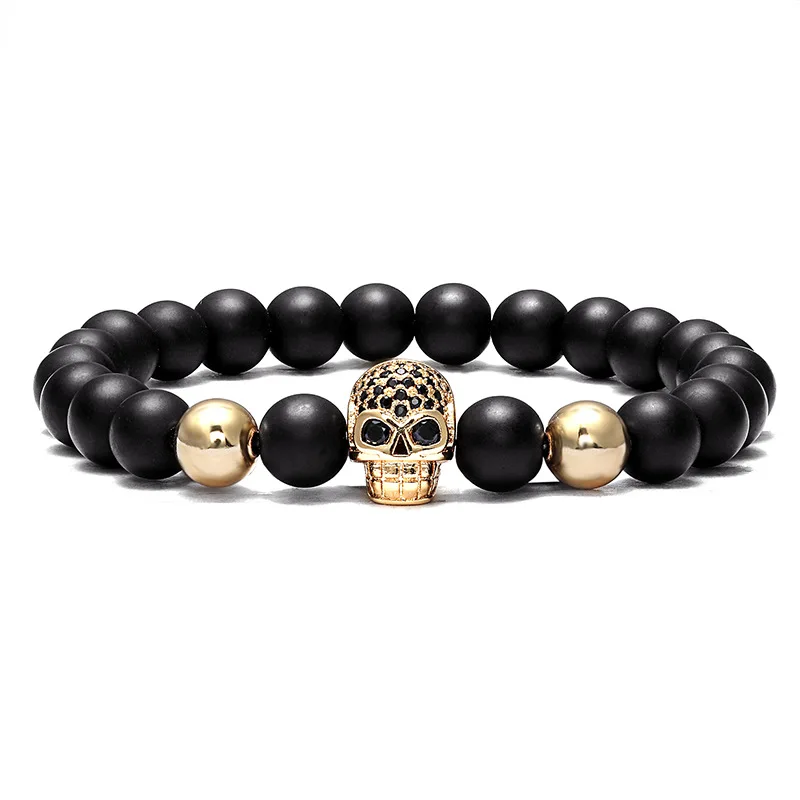 VOQ Fashion Vintage Men\'s Jewelry Black Zircon Skull Charm Bracelet 8mm Beads Natural Stone Bracelet Hot Sale