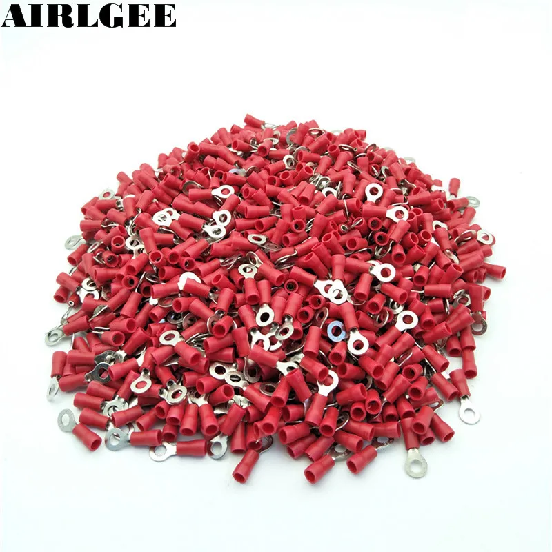 1000 Pcs RV1.25-4 Red Sleeve Pre Insulated Ring Terminals Lug Connector Free shipping