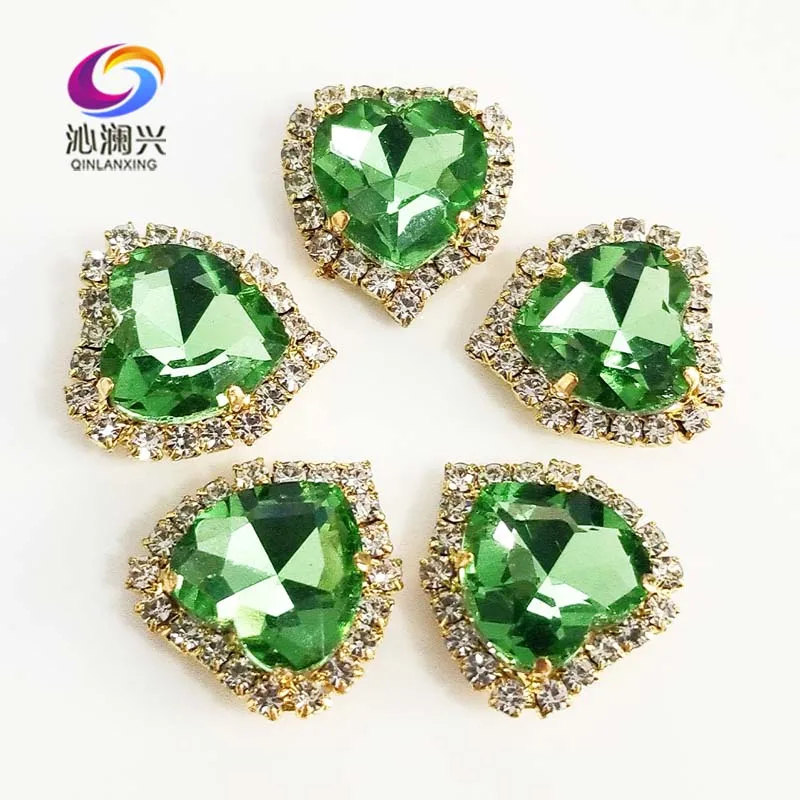 Heart Shape Light Green Color Crystal Glass Rhinestones, Gold Bottom Sew on Buckle, Used for Needlework, DIY/Sewing Accessories