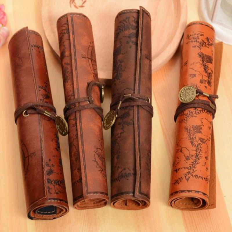 1Pcs Pencil Bag European Retro Treasure Map Leather Pluggable Pencil Pens Storage Bag Sketch Colored Pencil Volume High Capacity