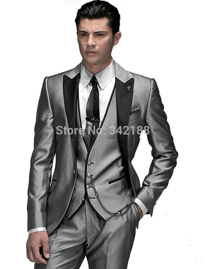 

FREE shipping/Bright Silver Groom Tuxedos/Black Satin Lapel Best Man Groomsmen Men Wedding Suits/western wedding suits