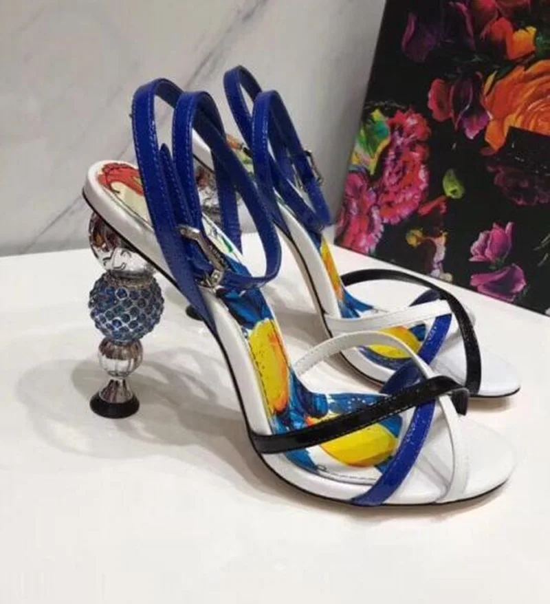 

2019 Real Leather Cross-tied Printed Shoes Woman Ball Beading Peep Toe Crystal Embellished Sandals Ankle Strap Blue Party Shoes