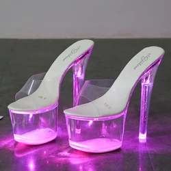 Large Size Sandals Clear Heel Light-emitting PVC  Platform Buckle Strap Super High Heels Thin Heel Solid Women's Shoes 2019 New