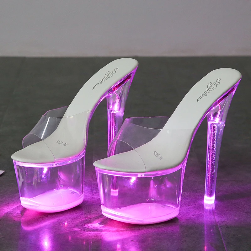 Voesnees Stripper Heels Women Glitter Shoes Sandals Clear Heel Light-emitting PVC  Platform Light Buckle Strap Super High Heels