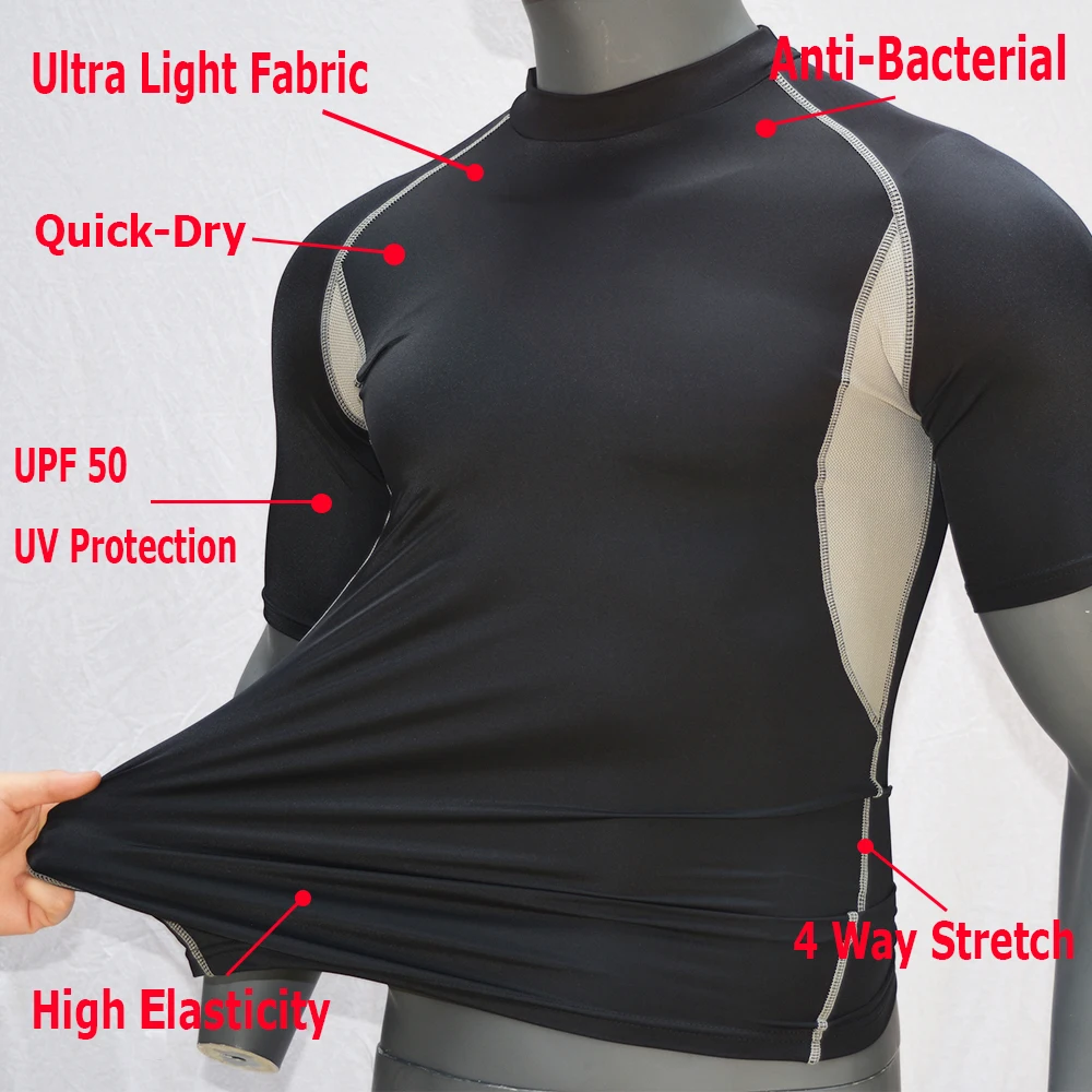 Drop ship BLACK/Breathable Surf UPF 50 Rash Guard Shirt Short Sleeves Surfing Diving Suits Swimwear New UV Swimming RashGuard