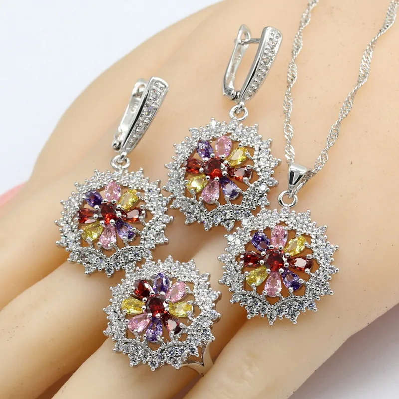 Silver Color Jewelry Sets Women Multi Semi-precious Necklace Pendant Bracelets Earrings Rings  Gift