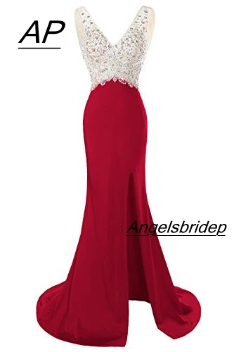 

Angelsbridep Sexy Dark Red V-Neck Mermaid Prom Dresses 2021 Long Side Split Vestido De Festa Formal Women's Celebrity Party Gown