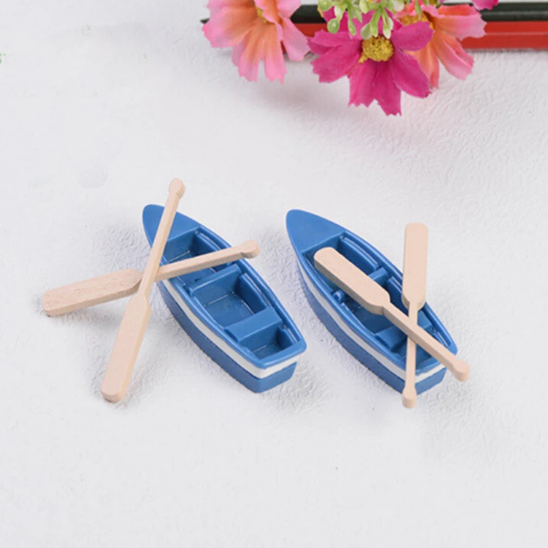 Cute Mini Boat Model Toys For Children Blue Ship Paddle Model Set Wooden Kids Educational Toys 1 Set(1Pcs Boat And 2Pcs Oar)