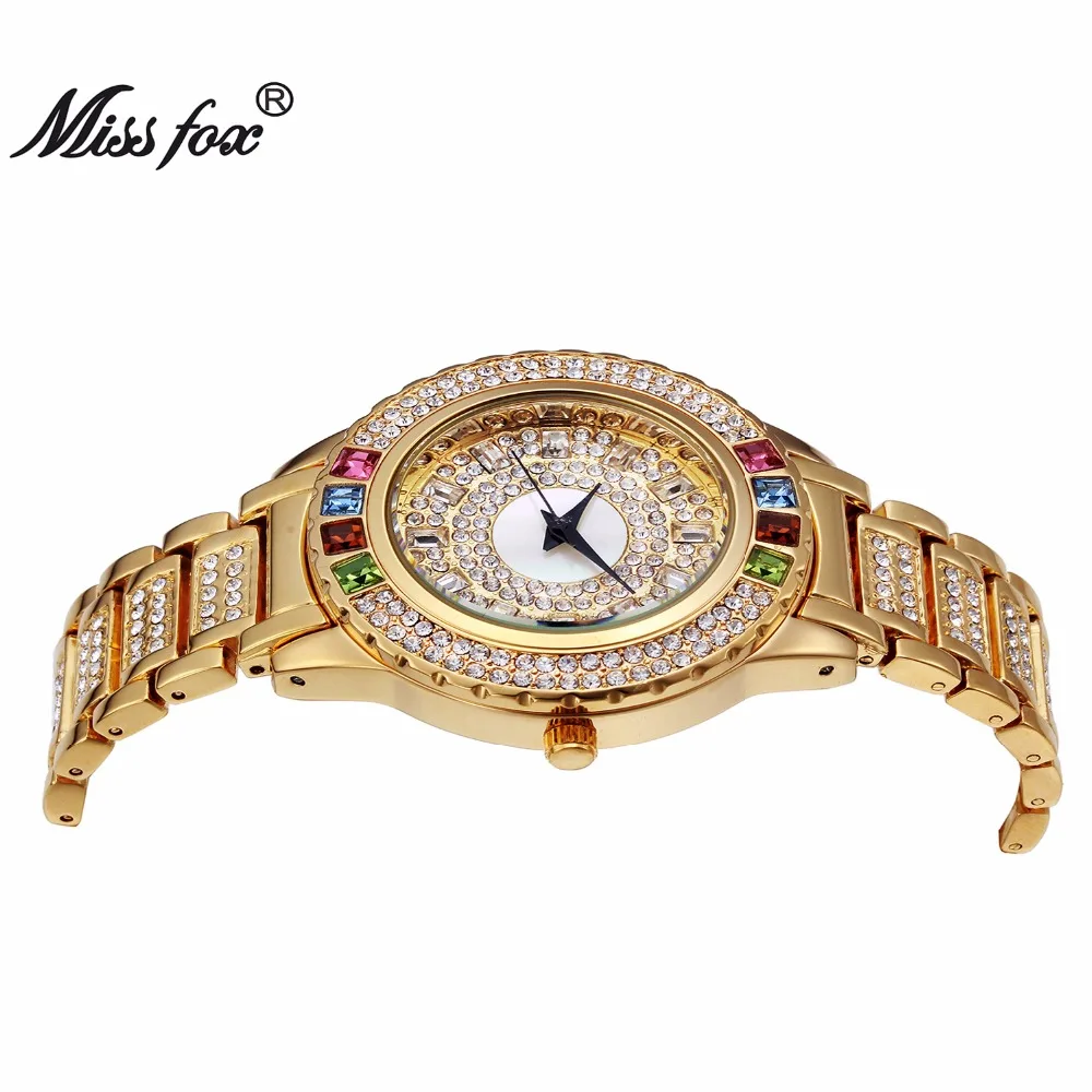 MISSFOX-relojes de fiesta dorados para mujer, reloj de pulsera de cuarzo femenino con diamantes de moda China, marca de lujo