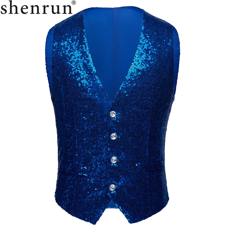 

Shenrun Men Paillette Waistcoat Sequins Vest Wedding Groom Gilet Bar Singers Stage Show Costume Gold Silver Red Blue Black Color