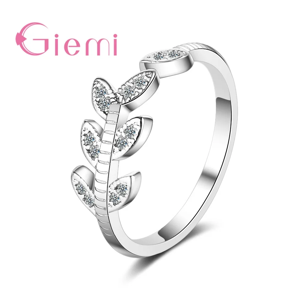 Fresh Sweet 925 Silver Ring Branches Leaves with Cubic Zircon Open Ring for Women Girl Adjustable Knuckle Finger Jewelry