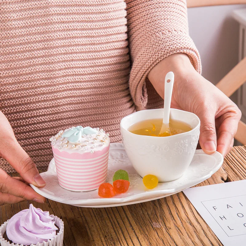 Ceramic Elegant Cup and Saucer Set, Mug, Dish, Basso-Relievo, Lace Candy Color, Coffee Cup, Dessert, Dinnerware, 3Pcs Set