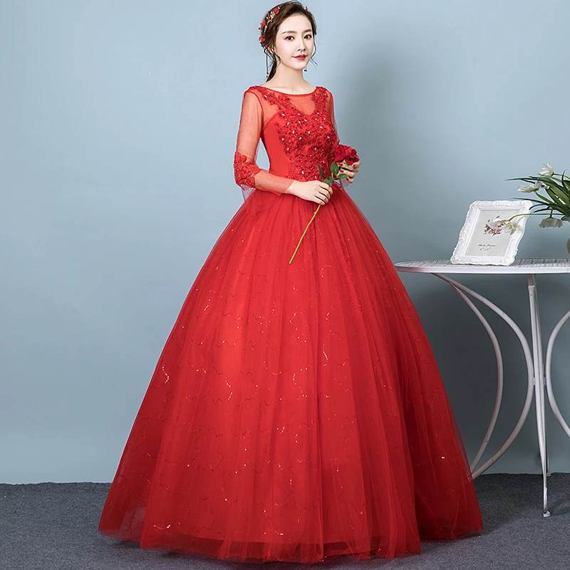 VLNUO NISA Simple Red Wedding Dress Boat Neck Full Sleeve Backless Plus Size Custom Made Cheap Bridal Gown Vestidos De Noiva