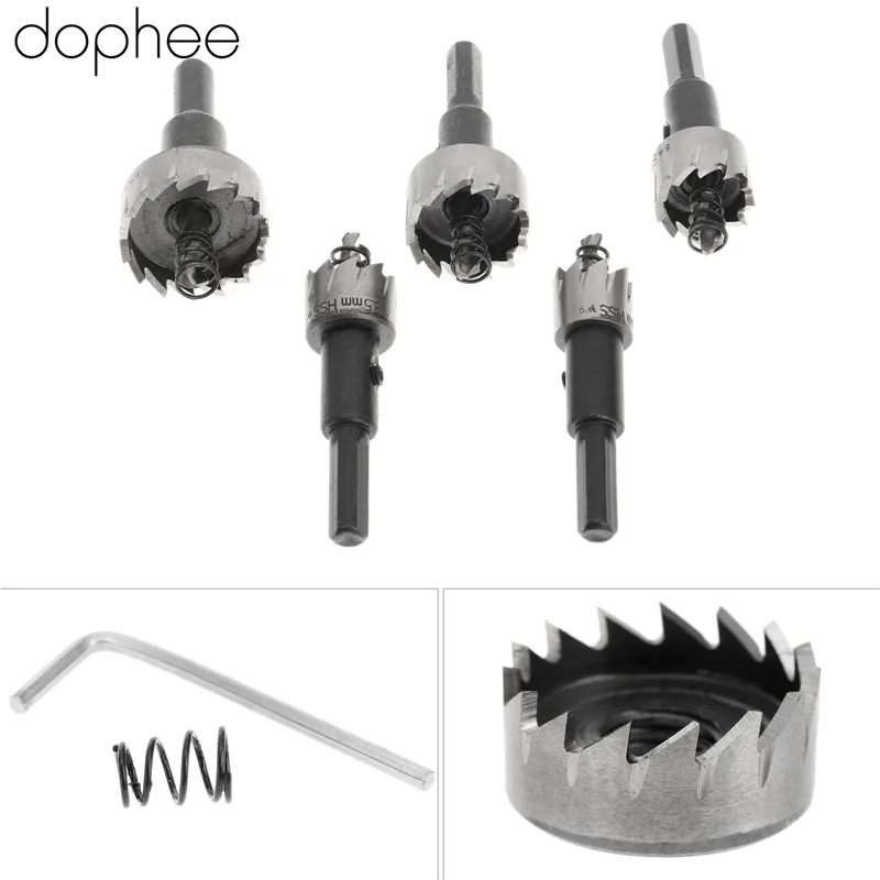 Dophee 5 peças de acessórios de perfuração, ferramentas de marcenaria 16-30mm hss, ponta de broca, serra de orifício de aço de alta velocidade para broca + chave