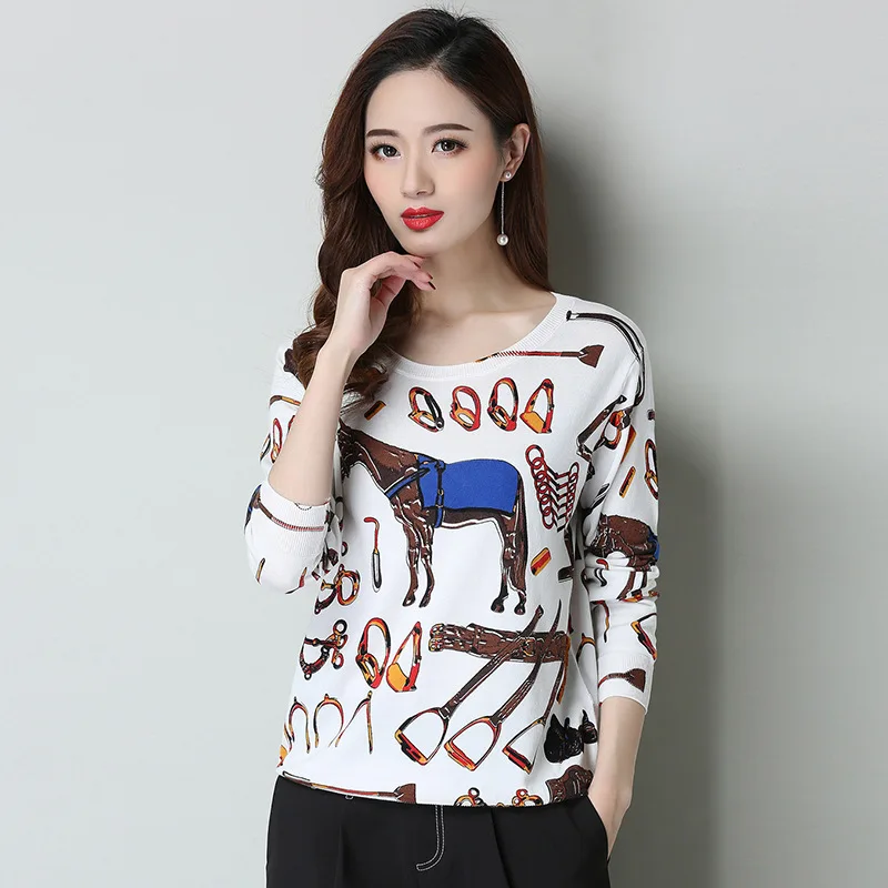 

Spring Autumn Korean Women Sweater Print Long Sleeve Thin Knitted Pullover Ladies Round Collar Casual Fashion Jumper Tops H9352