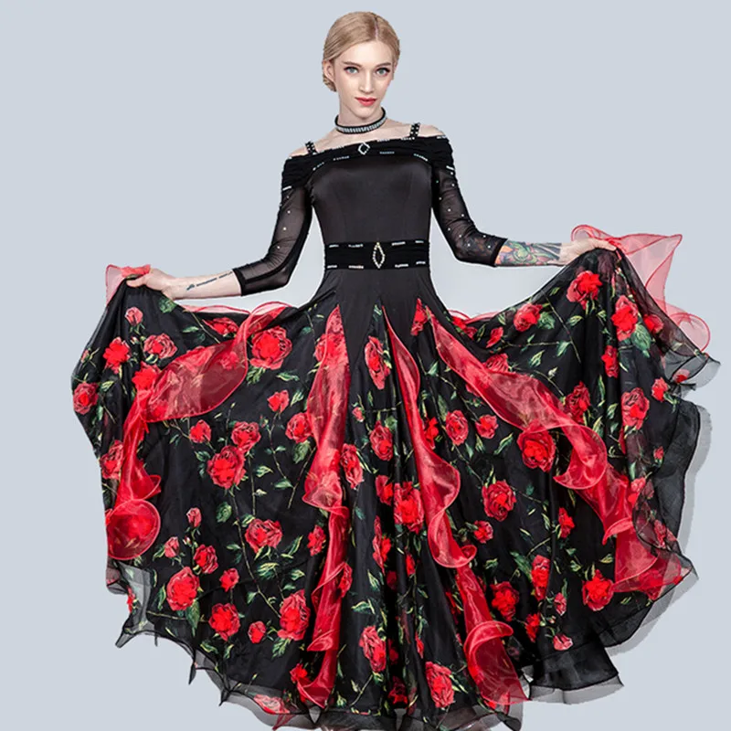 Off Shoulder Black Three-Dimensional Flowers Ballroom Dance Dresses For Woman Dance Costume Waltz Dress Modern Dance Wear Waltz