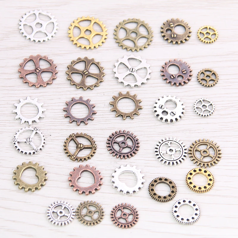 SWEET BELL Mix 100 pcs 4 color Size 8-15mm Steampunk Charms mini Gear Pendant Antique bronze DIY Metal Jewelry Making