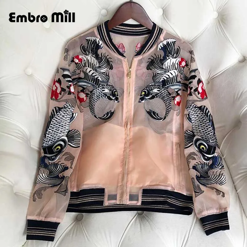 

The New women jacket Chinese style embroidery fish Loose summer coat woman O-neck Retro Baseball uniform coat S-XL