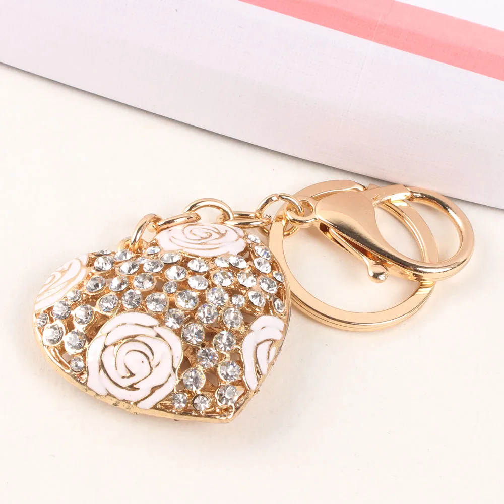 Sweet LOVE Heart Rose Flower New Cute Crystal Charm Pendant Purse HandBag Car Key Ring Chain Wedding Party Jewelry Gift