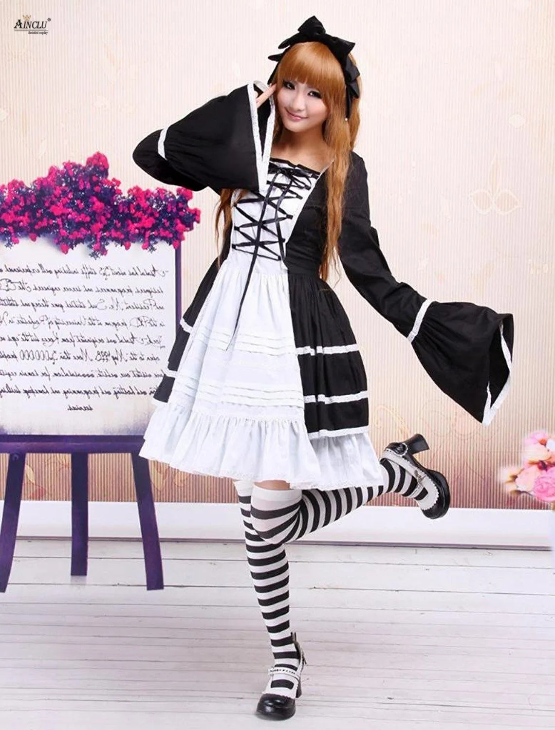 Primavera/Estate/Autunno/Inverno Ainclu Abito Lolita gotico in cotone a maniche lunghe in bianco e nero da donna S-XXL