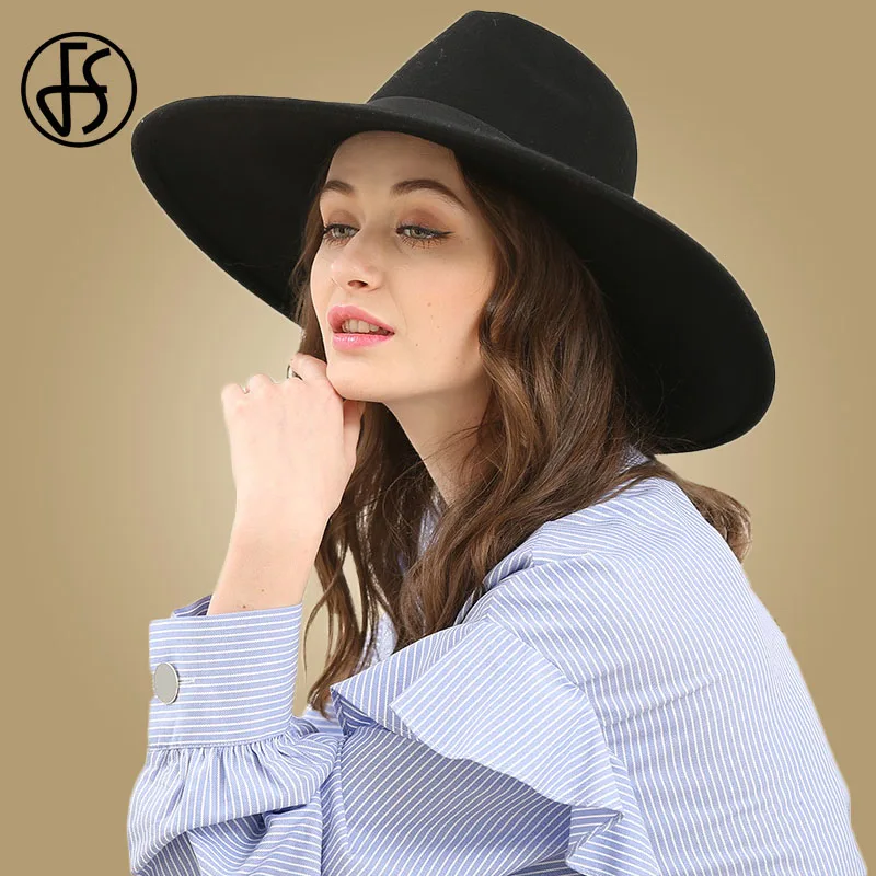 FS Chapeau Feutre Femme Fedora Hat For Women Elegant Black Lady Wide Brim Sombreros Jazz Church Cap Bow Panama Fedoras Top Hats