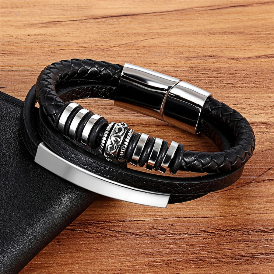 XQNI Geometrically Irregular Graphics Stainless Steel Genuine Leather Bracelet Black/Brown Color Accessories Jewelry For Men