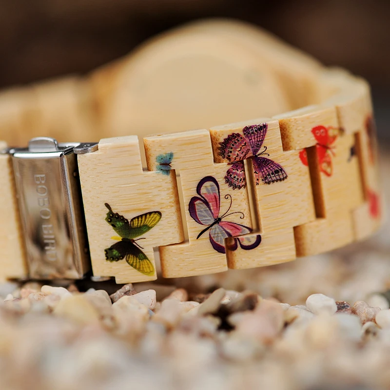 BOBO BIRD Ladies Wood Watch Women montre femme Bamboo Band Painting Butterfly Quartz Watches Custom Gift in Wood Box OEM W-O20