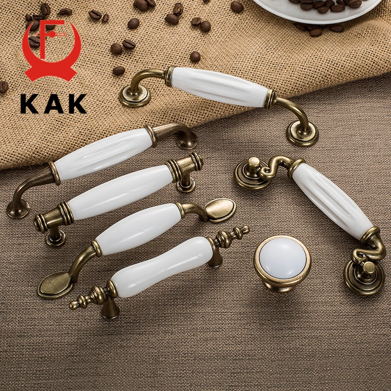 KAK Antique Bronze White Ceramic Cabinet Handles Zinc Alloy Drawer knobs Wardrobe Door Handle Simple European Furniture Hardware