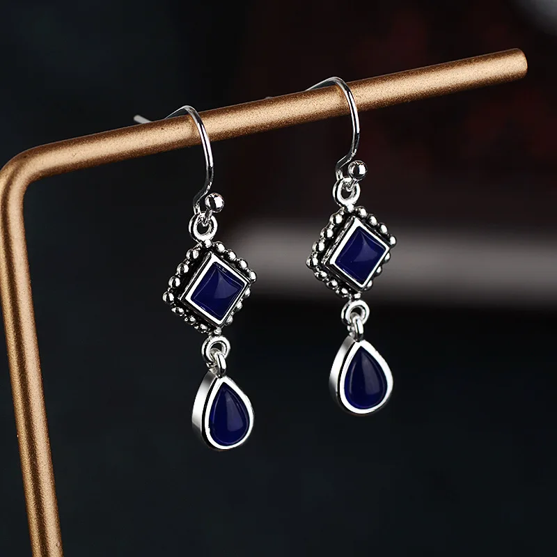 OMHXZJ Wholesale European Fashion Woman Girl Party Wedding Gift Vintage Blue Lapis S925 Sterling Silver Drop Earrings EA365