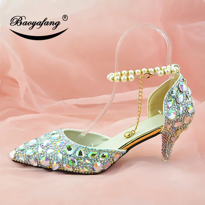 

bao ya feng 2019 New arrival Pointed toe Womens wedding shoes 6cm woman crystal party dress shoes White AB Drill Crystal Shoes