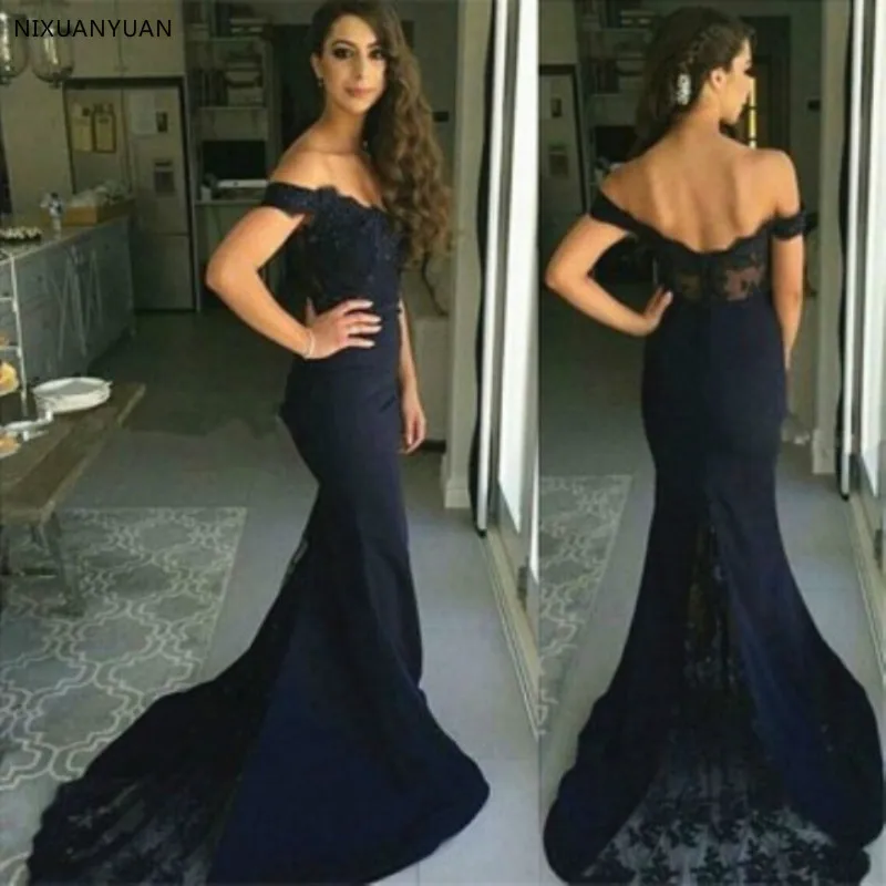 

Elegant Navy Blue Off Shoulder Mermaid Evening Dresses Lace Appliques Robe De Soiree Longue 2023 Formal Dress