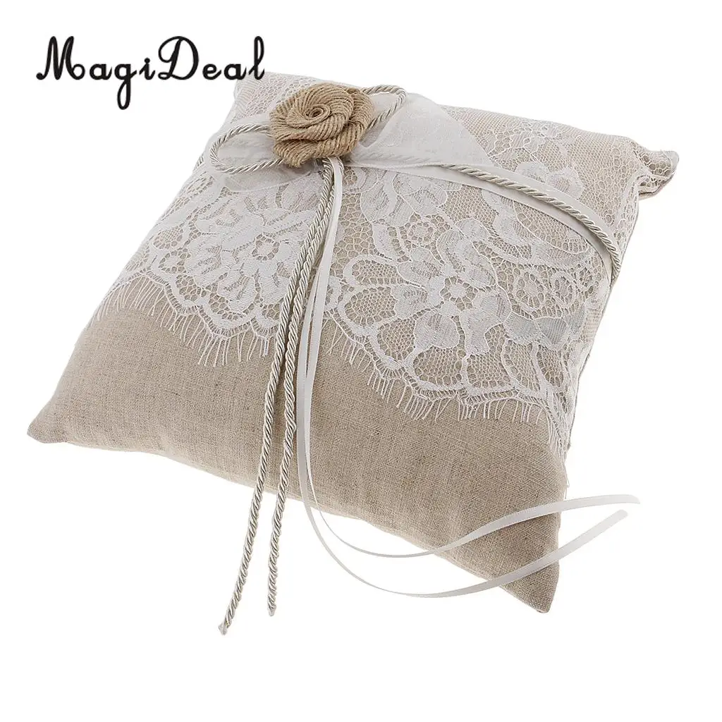 MagiDeal Vintage Burlap Lace Ring Pillow Cushion Ring Bearer Wedding Party Supplies