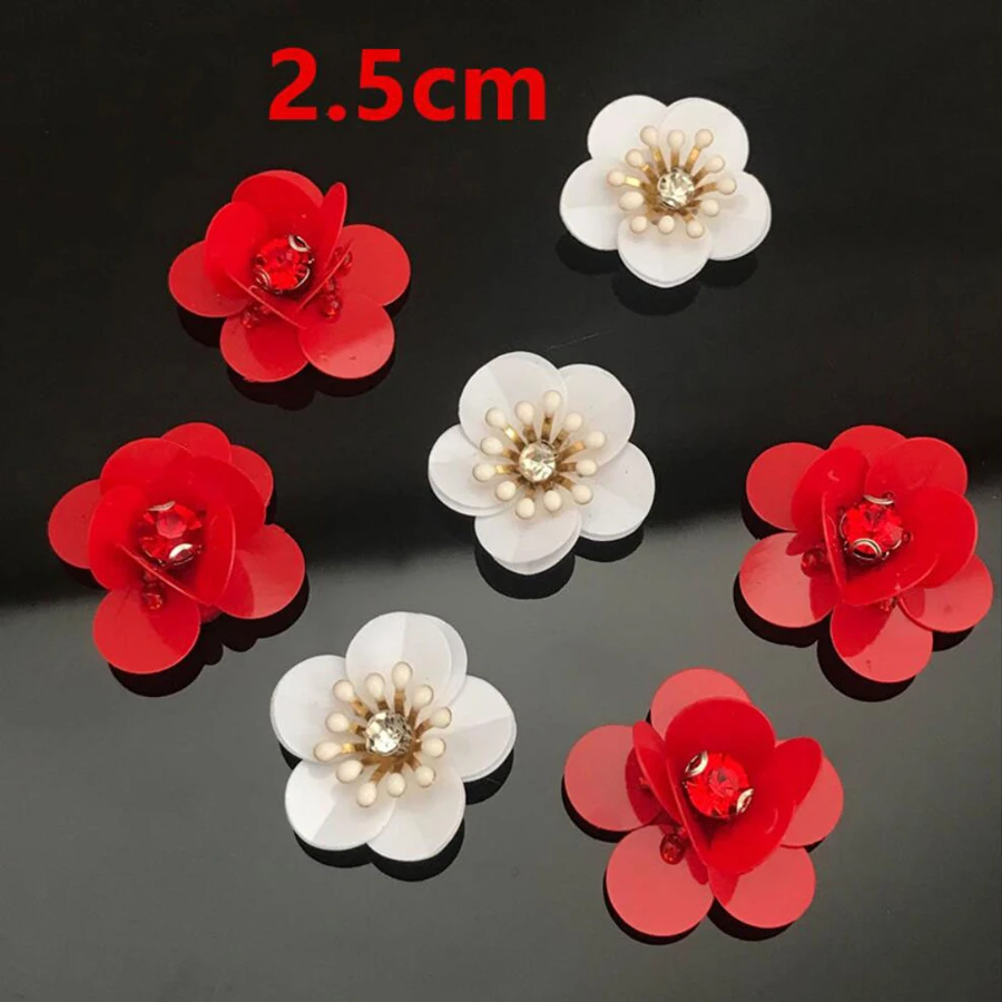 AHYONNIEX 10Pcs/lot Red White Sequins Flowers Patches Beads Patches Sew On Applique Clothes DIY Sweater Shoes Bags Patches