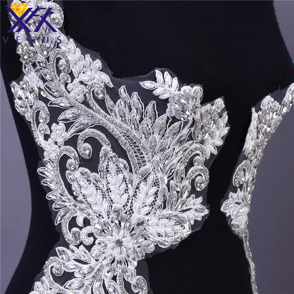 XFX VENUS 1 Pair Handcraft White rhinestone patches wedding dress trimming crystal applique embroidery,beads Cloth Bridal Decor